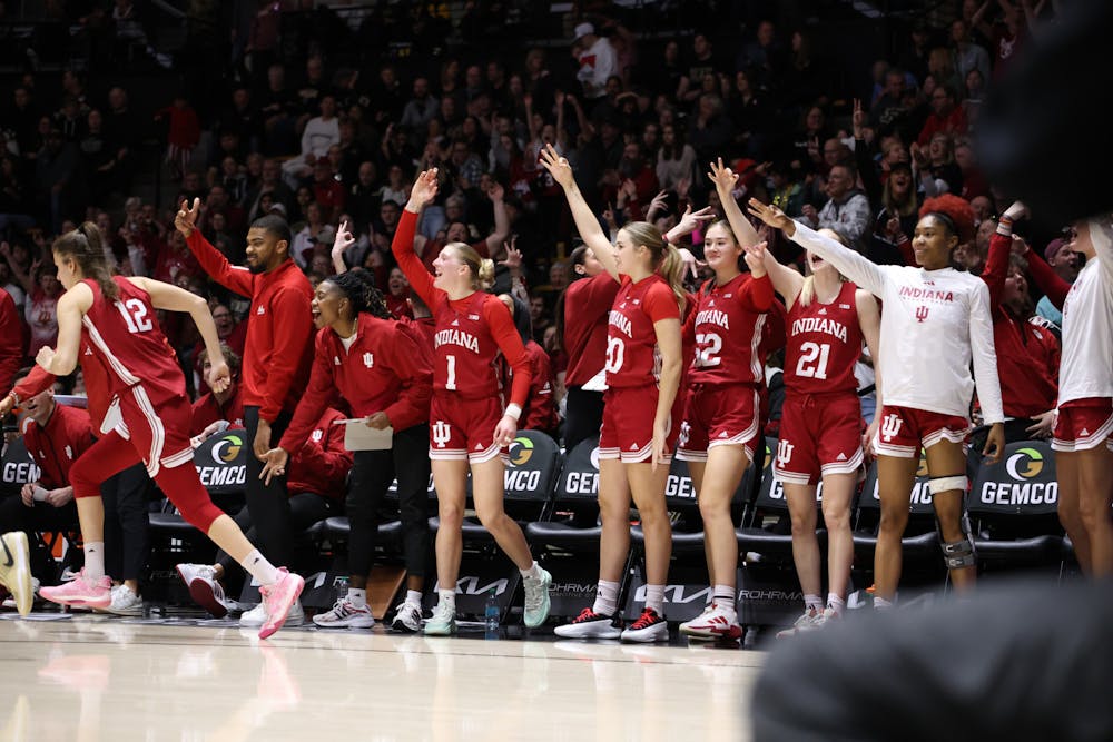 Indiana's bench celebrates a Yarden Garzon 3-pointer during Indiana's win over Purdue on March 2, 2025. (HN photo/Jaren Himelick)