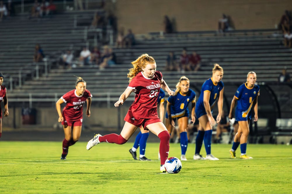 <p>Freshman Piper Coffield scores on a penalty kick during Indiana&#x27;s 3-0 win over Morehead State on Aug. 24, 2023. (HN photo/Kallan Graybill)﻿</p>