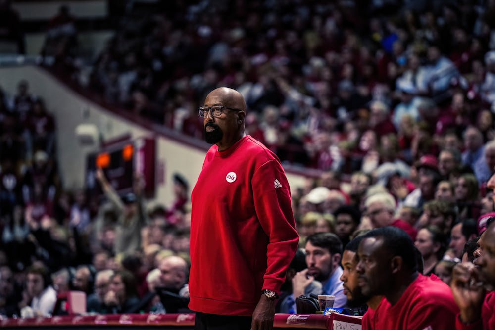 Indiana head coach Mike Woodson wears a patch honoring the late Bob Knight during IU's win over Army on Nov. 12, 2023. (HN photo/Shrithik Karthik)