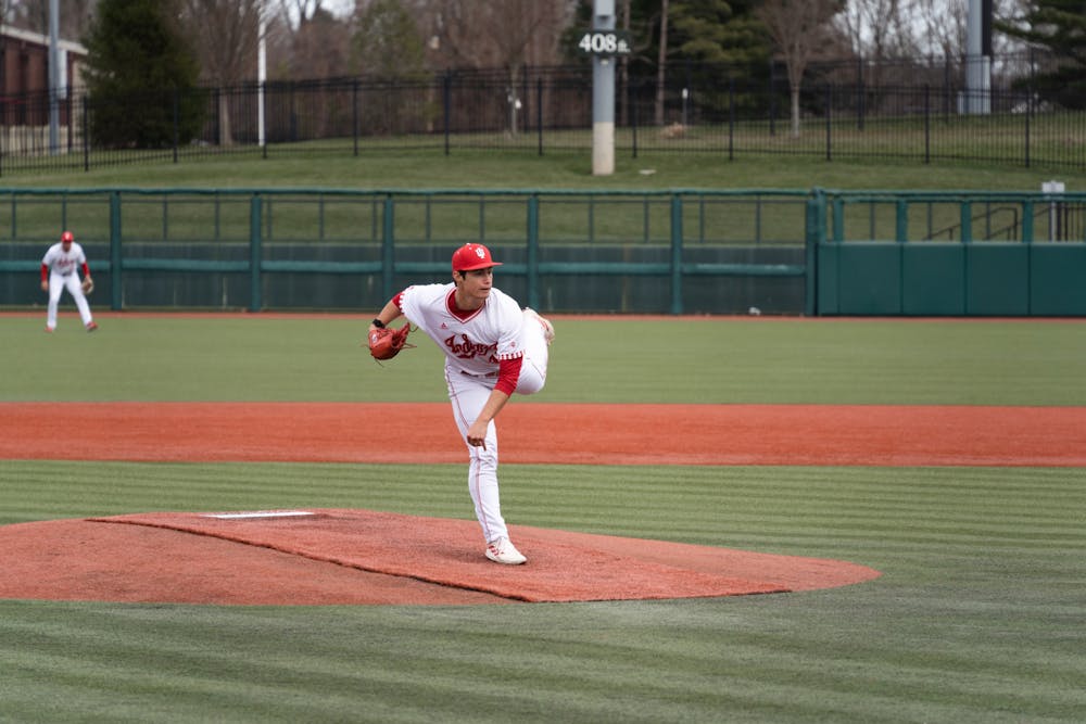 Ty Bothwell delivers a pitch during Indiana's 15-1 win over Purdue Fort Wayne on March 8. (HN photo/Nicholas McCarry)