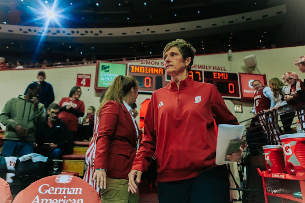 Teri Moren steps onto the court before Indiana's win over Eastern Michigan on Dec. 14, 2025. (HN photo/Jake Weinberg)
