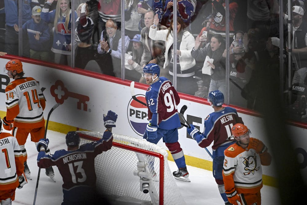 Fans and teammates erupt after Gabriel Landeskog (92) of the Colorado Avalanche scored a 2-1 goal on Lukas Dostal (1) of the Anaheim Ducks during the second period at Ball Arena on Tuesday, Nov. 11, 2025. (Photo by AAron Ontiveroz/The Denver Post/Tribune Content Agency)