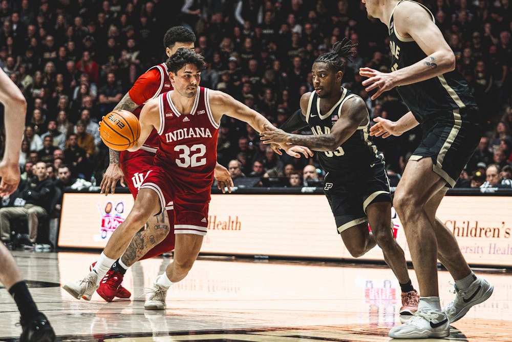 Trey Galloway drives during Indiana's loss to Purdue on Feb. 10, 2024. (HN photo/Nicholas McCarry)