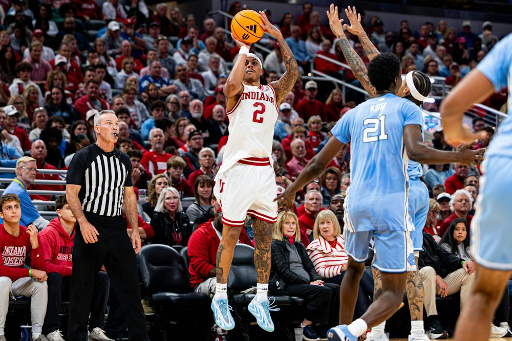 Indiana guard Bryce Lindsay shoots a three  during a game against the North Carolina Tarheels at Gainbridge Fieldhouse in Indianapolis, Indiana — (Photo by Brady Owen / The Hoosier Network)