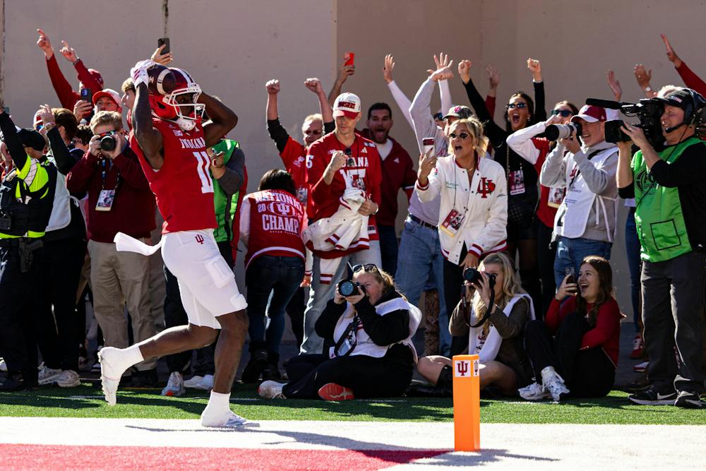 BLOOMINGTON, Ind. — Nick Marsh (11) reacts after an incomplete pass in Indiana's loss to  Ohio State Buckeyes at Merchants Bank Field at Memorial Stadium in Bloomington, Indiana on Saturday, Oct. 17— (HN Photo/Brady Owen)