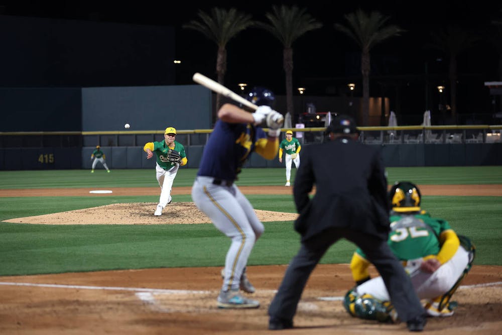 Oakland Athletics starting pitcher Mason Miller (19) throws to the Milwaukee Brewers during a Major League Baseball spring training game in Big League Weekend at Las Vegas Ballpark on Friday, March 8, 2024, in Las Vegas. (Ellen Schmidt/Las Vegas Review-Journal) @ellenschmidttt