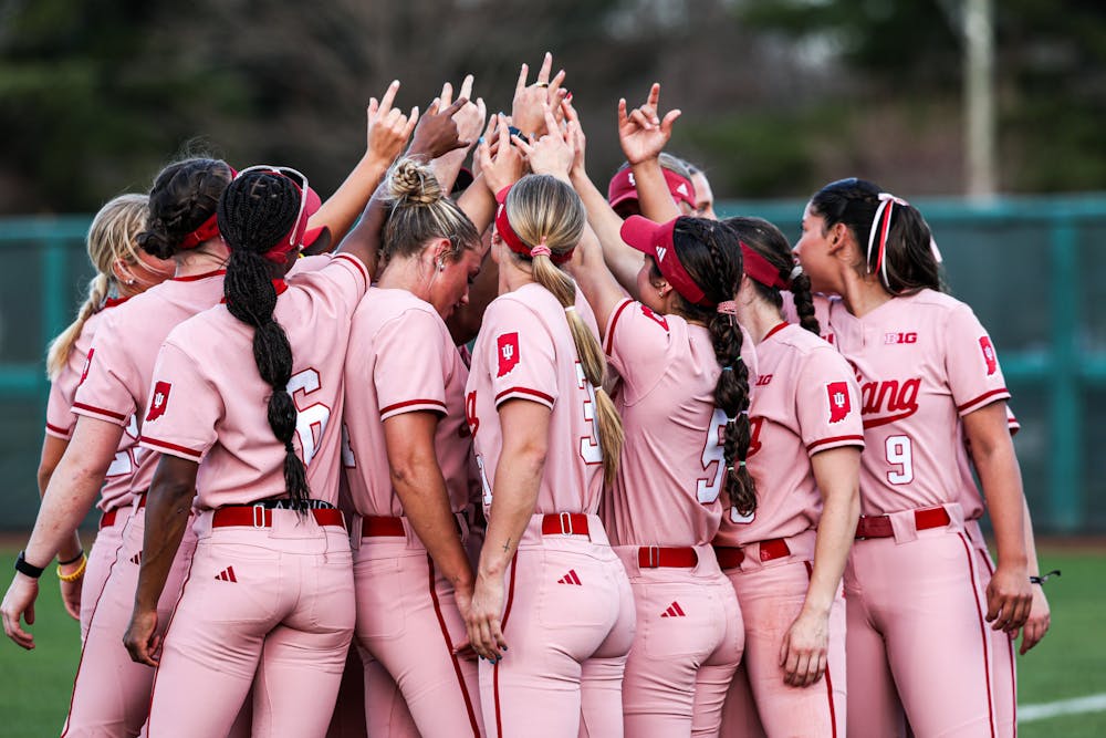 Indiana players get together during Indiana's loss to Minnesota on March 6, 2026. (Photo courtesy of IU Athletics)