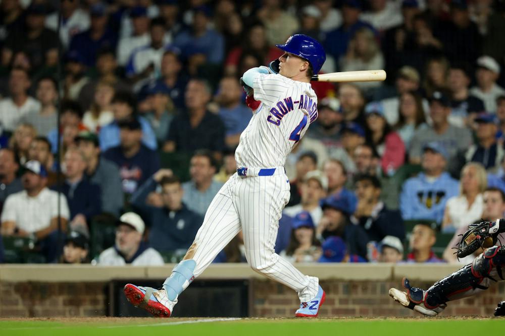 <p>Cubs center fielder Pete Crow-Armstrong hits a solo home run in the third inning against the Braves on Sept. 16, 2026, at Wrigley Field. (Armando L. Sanchez/Chicago Tribune/Tribune Content Agency)</p>