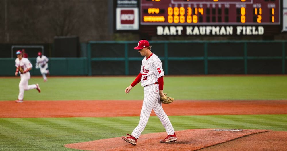 <p>Evan Whiteaker comes off the mound during Indiana&#x27;s loss to Purdue Fort Wayne on Feb. 27, 2024. (HN photo/Kallan Graybill)</p>