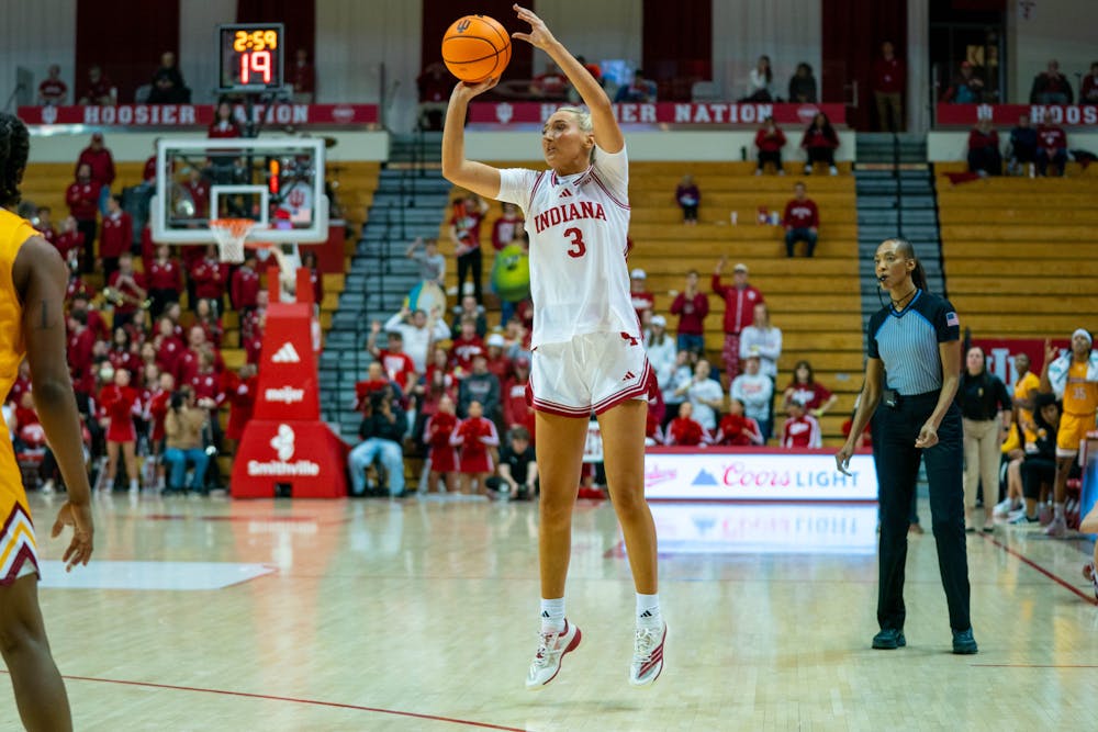 Maya Makalusky shoots a 3-pointer during Indiana's win over University of Louisiana at Monroe (ULM) on Dec. 11, 2025. (HN photo/J.T. Frenzel)