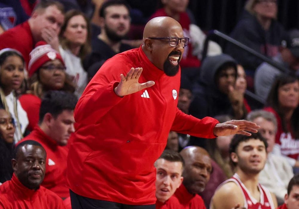 Indiana head coach Mike Woodson reacts during the first half of an NCAA college basketball game against Rutgers, Tuesday, Jan. 9, 2024 in Piscataway, N.J. (Andrew Mills | NJ Advance Media)