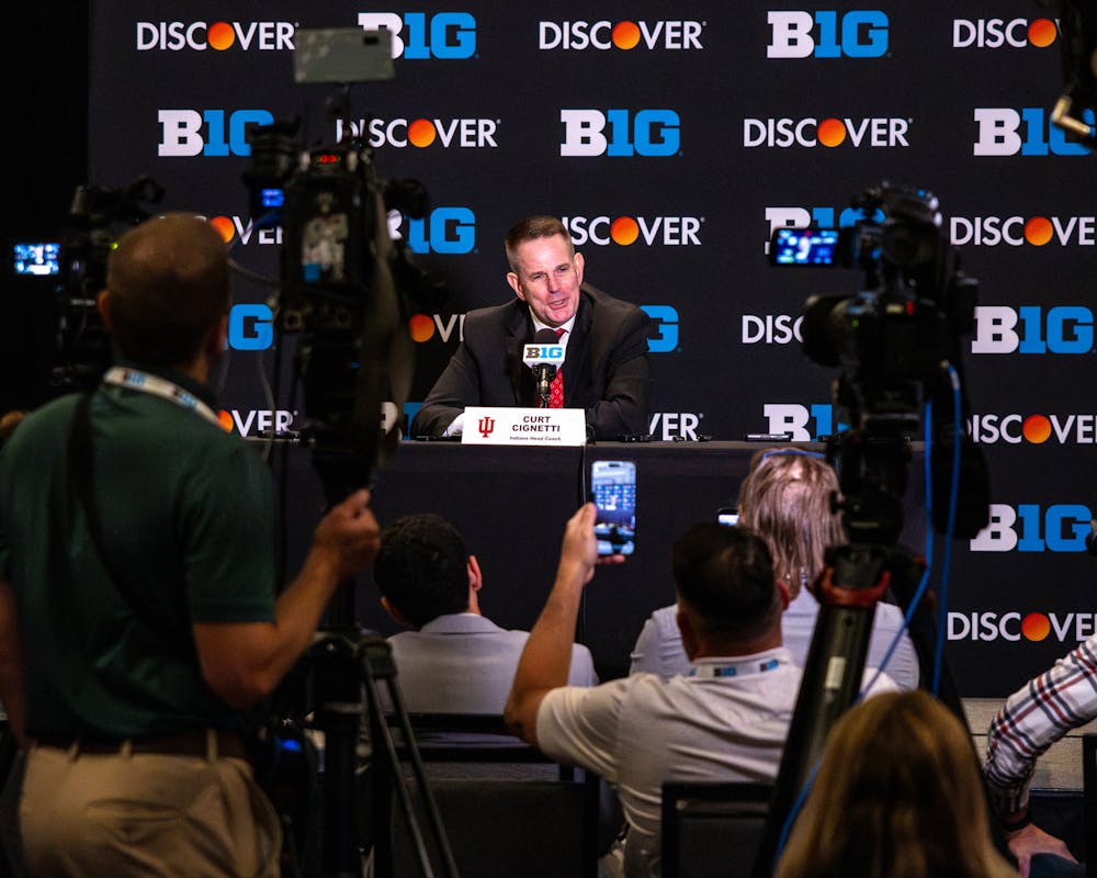 Indiana head coach Curt Cignetti speaks to reporters during Big Ten Media Day on July 30, 2026 in Chicago. (Photo by Lauren McKinney / The Hoosier Network)