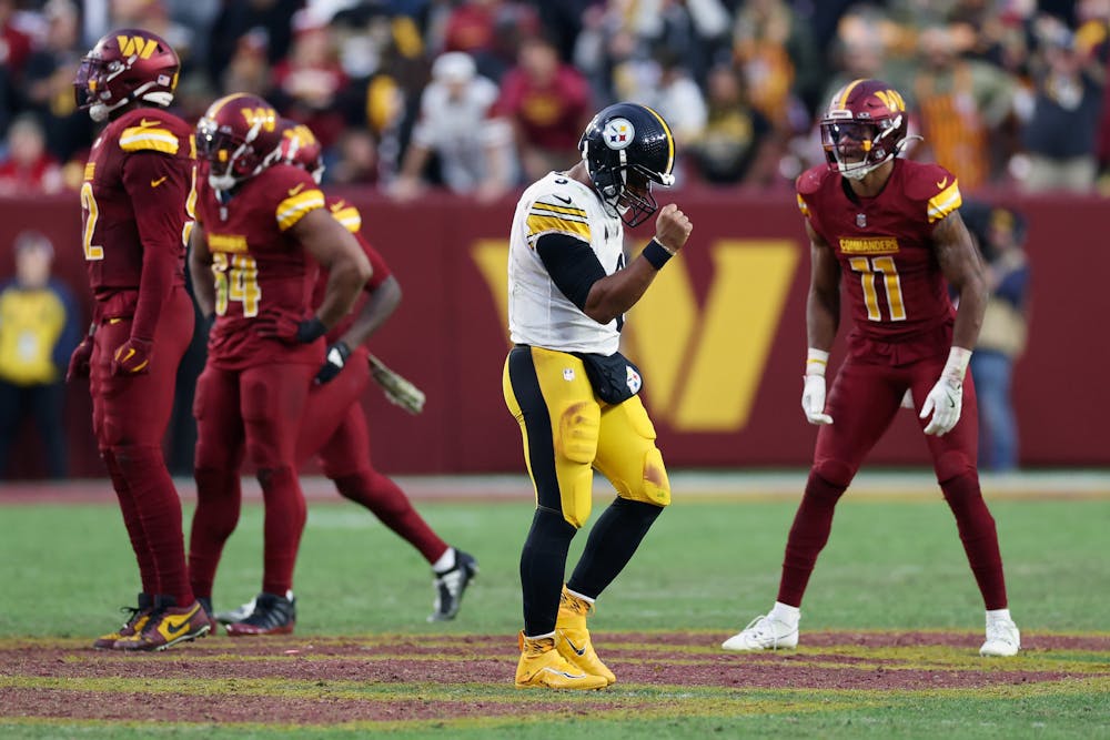 Russell Wilson (3) of the Pittsburgh Steelers celebrates after a go-ahead touchdown pass in the fourth quarter against the Washington Commanders at Northwest Stadium on Sunday, Nov. 10, 2024, in Landover, Maryland. (Patrick Smith/Getty Images/TNS)