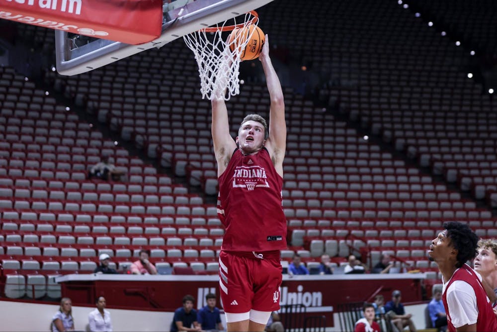 Trent Sisley goes up for a dunk during open practice on Sept. 30, 2025. (Photo courtesy of IU Athletics)