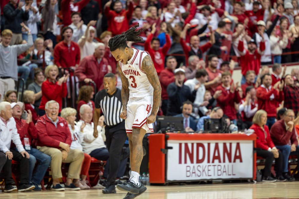 Lamar Wilkerson celebrates during Indiana's win over Penn State on Dec. 9,  2025. Wilkerson scored 44 points and made 10 3-pointers, both of which set new IU records. (HN photo/Sophie Doyne)