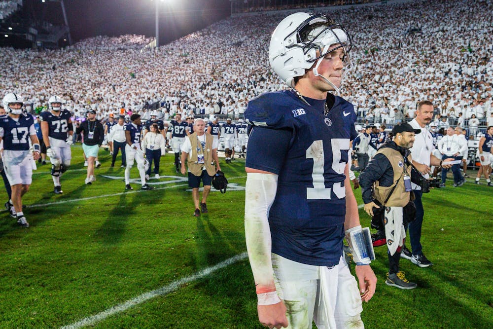 Penn State quarterback Drew Allar leaves the field after throwing an interception in the second overtime to end the game and lose to Oregon, 30-24 on Sept. 27, 2025. (Joe Hermitt | jhermitt@pennlive.com | Tribune Content Agency)