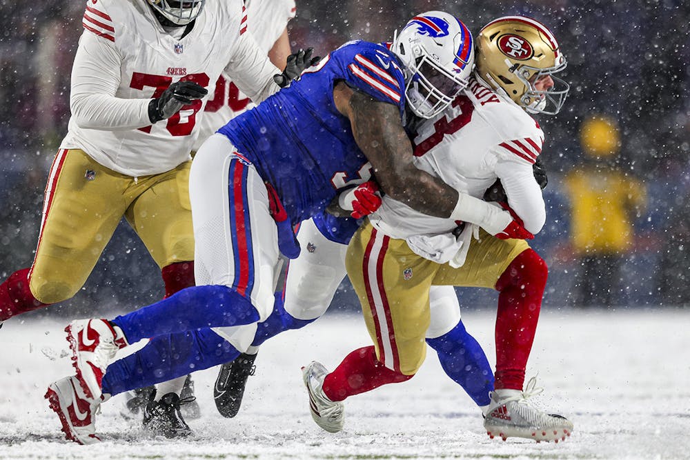 Jordan Phillips #97 of the Buffalo Bills sacks Brock Purdy #13 of the San Francisco 49ers in the second quarter of a game at Highmark Stadium on Dec. 1, 2024, in Orchard Park, New York. (Bryan M. Bennett/Getty Images/TNS)