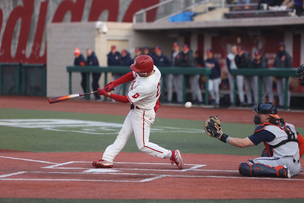 Nick Mitchell swings and misses at a pitch against Illinois on Friday, March 22, 2024. (HN photo/Jaren Himelick)