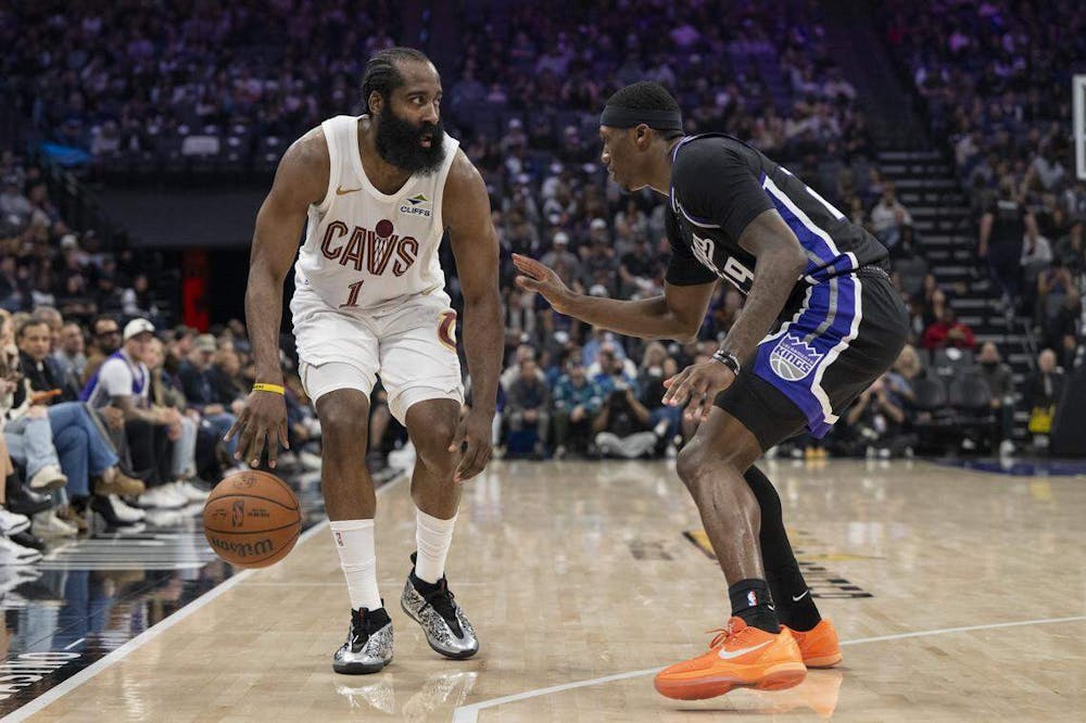 Sacramento Kings guard Daeqwon Plowden (29) plays defense on Cleveland Cavaliers guard James Harden (1) during a game at Golden 1 Center in Sacramento on Saturday, Feb. 7, 2026. (Hannah Ruhoff/Tribune Content Agency)