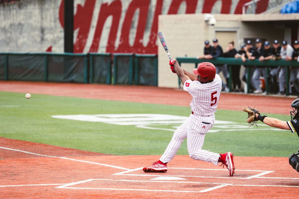 Devin Taylor puts a ball in play during Indiana's loss to Purdue Fort Wayne on Feb. 27, 2024. (HN photo/Kallan Graybill)