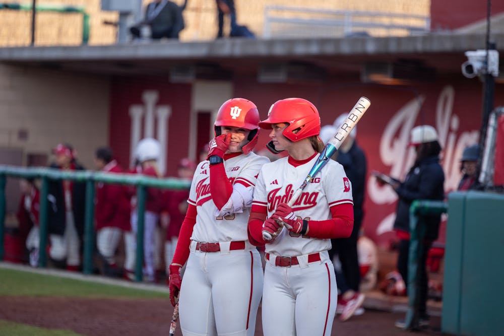 Avery Parker (left) and Alex Cooper speak during Indiana's win over Detroit Mercy on March 27, 2026. (HN photo/Lindsey Soet)