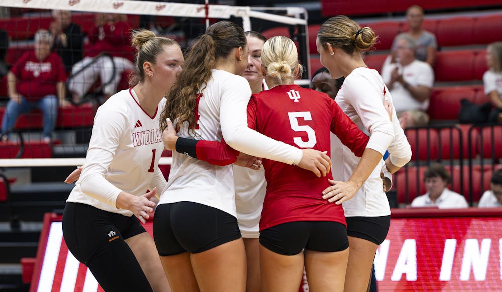 Indiana players huddle during their win over Northern Kentucky on Sept. 5, 2025. (HN photo/Brady Owen)