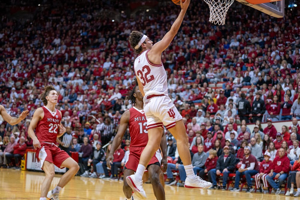 Indiana guard Trey Galloway drives to the basket in the Hoosiers' 76-57 win over Miami (OH) on Dec. 6, 2024. (HN photo/Danielle Stockwell)