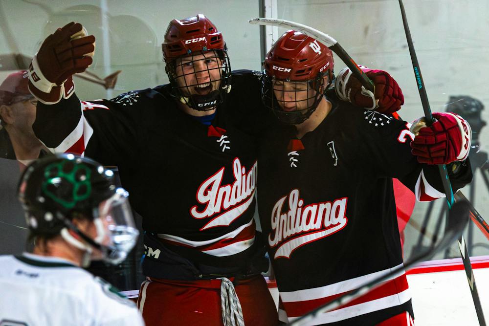 <p>BLOOMINGTON, INDIANA — OCTOBER 03, 2026 — Ben Rosenberg (left) celebrates during a game against the Ohio Bobcats at Franklin Southern Ice Arena in Bloomington, Indiana — (Photo by Brady Owen / The Hoosier Network)</p>