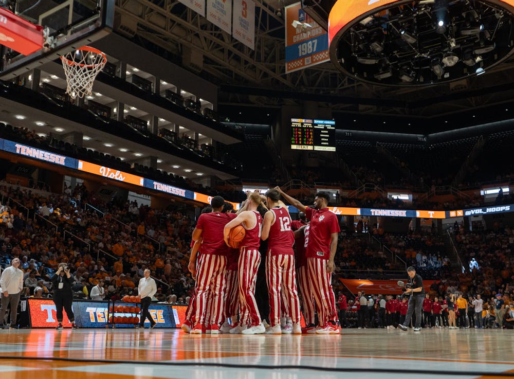 Indiana men's basketball huddles in exhibition win over Tennessee on Oct. 27, 2024. (HN photo/Danielle Stockwell)