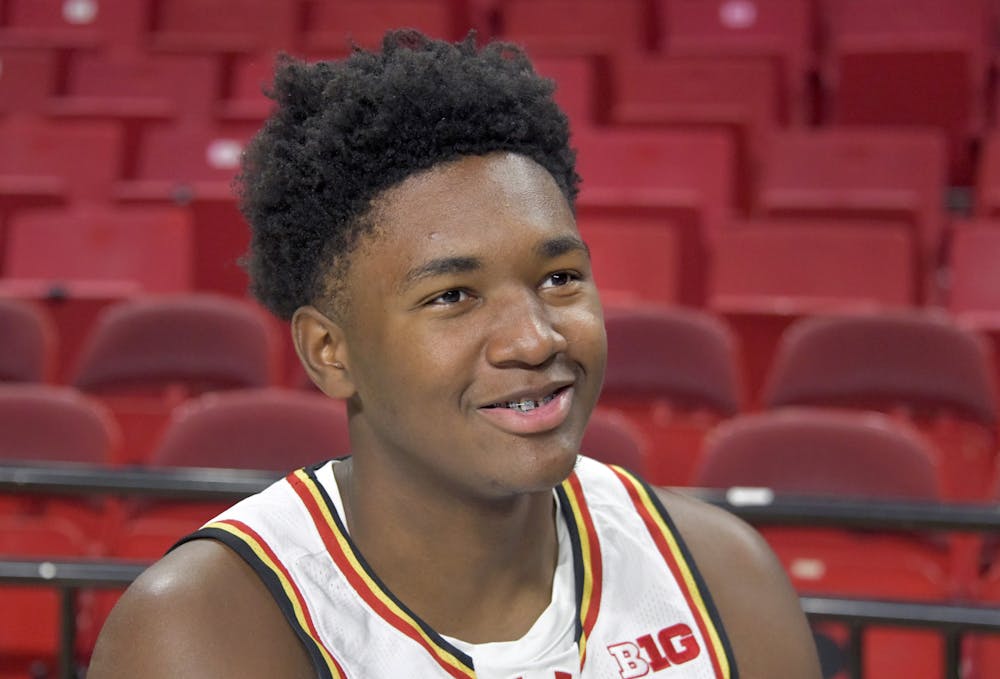 Derik Queen, freshman from Baltimore, at Maryland Men’s Basketball team Preseason Media Day at XFINITY Center. (Amy Davis/Staff)