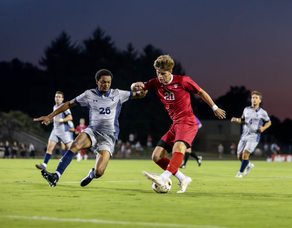 Clay Murador battles with a Bulldog during Indiana's win over Yale on Sept. 1, 2024. (HN photo/Olivia Sullivan)