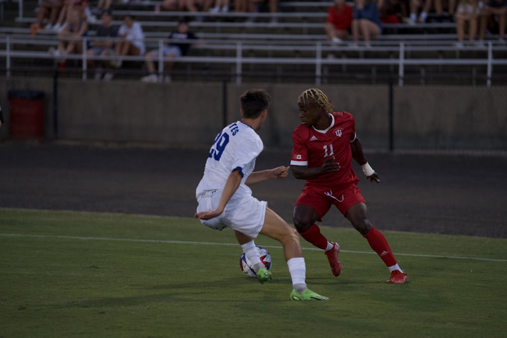 Collins Oduro dribbles the ball during Indiana's 1-0 win over Seton Hall on Sept. 4, 2023. (HN photo/Danielle Stockwell)
