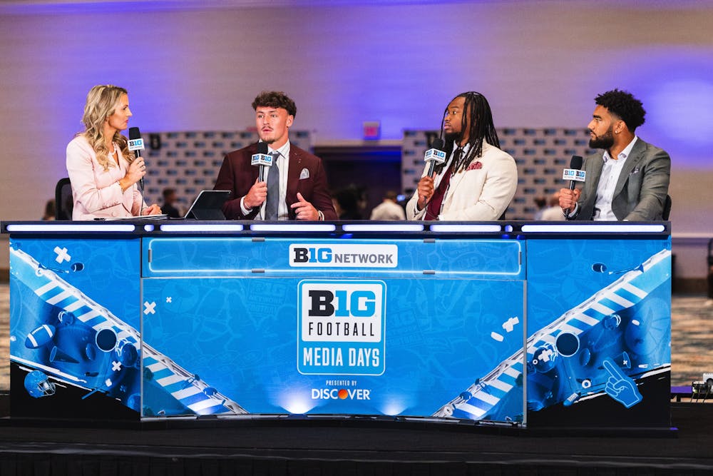 From left, Indiana football players Aiden Fisher, Mikail Kamara and Elijah Sarratt speak on a panel at 2025 B1G Media Days on July 22, 2025. (HN photo/Kallan Graybill)