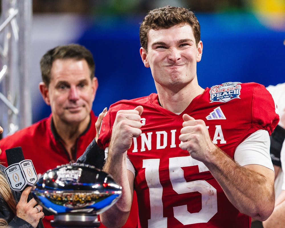 <p>Indiana quarterback Fernando Mendoza celebrates after the Hoosiers&#x27; win over Oregon in the College Football Playoff Semifinal at the Chick-fil-A Peach Bowl on Jan. 9. (HN photo/Kallan Graybill)</p>
