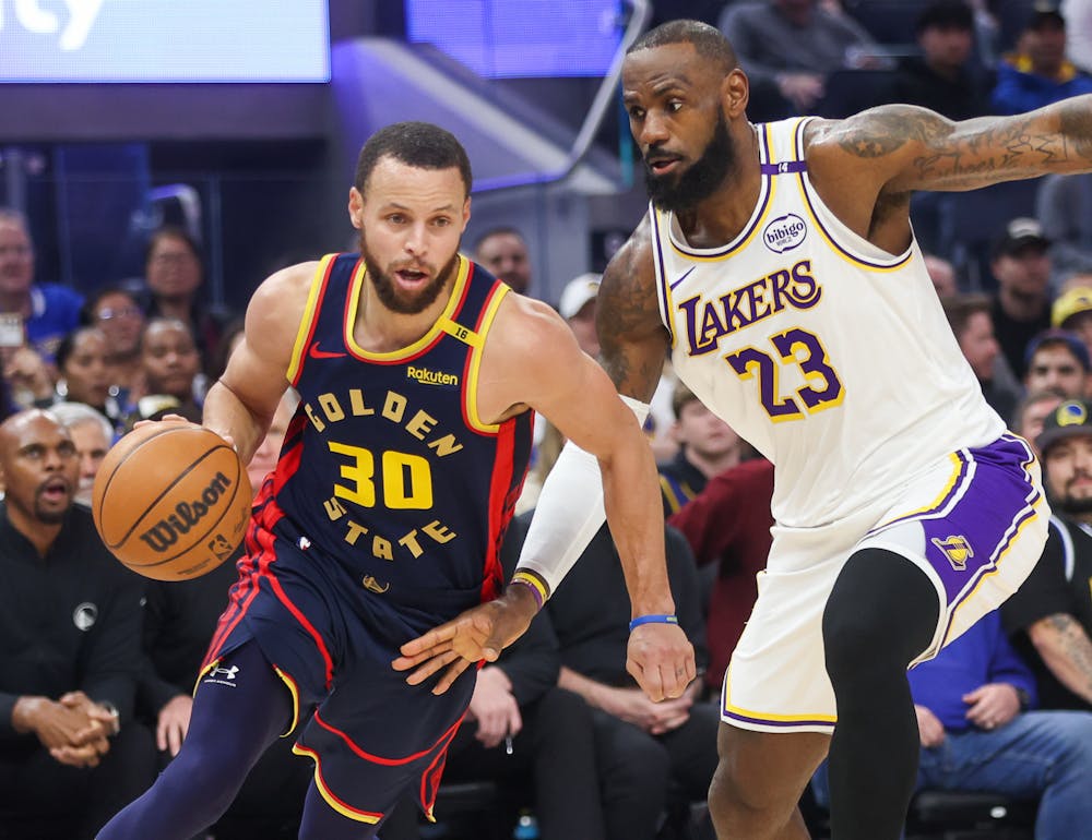 Golden State Warriors’ Stephen Curry drives against Los Angeles Lakers’ LeBron James in the first quarter, Saturday, Jan. 25, 2025, at Chase Center in San Francisco, Calif. (Karl Mondon/Bay Area News Group/Tribune Content Agency)