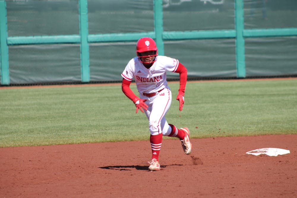 Indiana outfielder Aaliyah Andrews runs the bases during Indiana's win over Ohio State on April 2. (HN photo/Marley Reback)