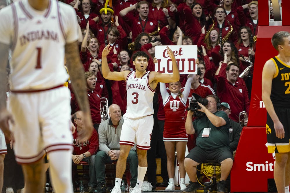 Anthony Leal pumps up the crowd during Indiana's win over Iowa on Jan. 30, 2024. (HN photo/Ryan Lo)