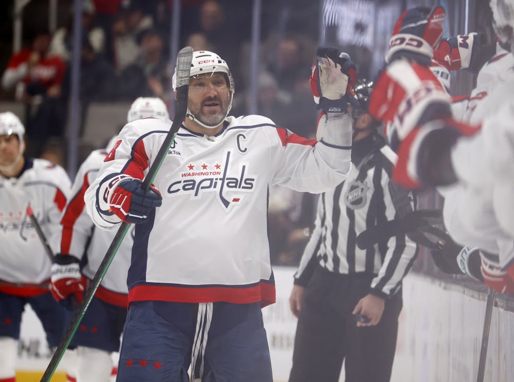 Washington Capitals' Alex Ovechkin (8) celebrates his goal against the San Jose Sharks in the first period at the SAP Center in San Jose, Calif., on Wednesday, Dec. 3, 2025. (Nhat V. Meyer/Bay Area News Group/Tribune Content Agency)