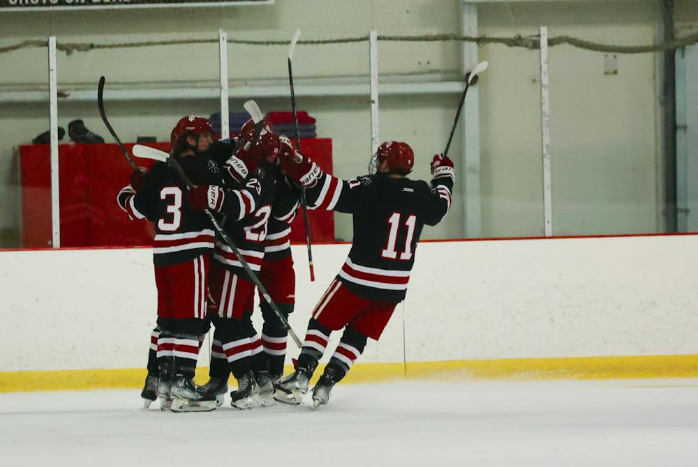 Indiana hockey players celebrate during a game against Miami (Ohio) on Nov. 7, 2024. (HN photo/Weber Michell)