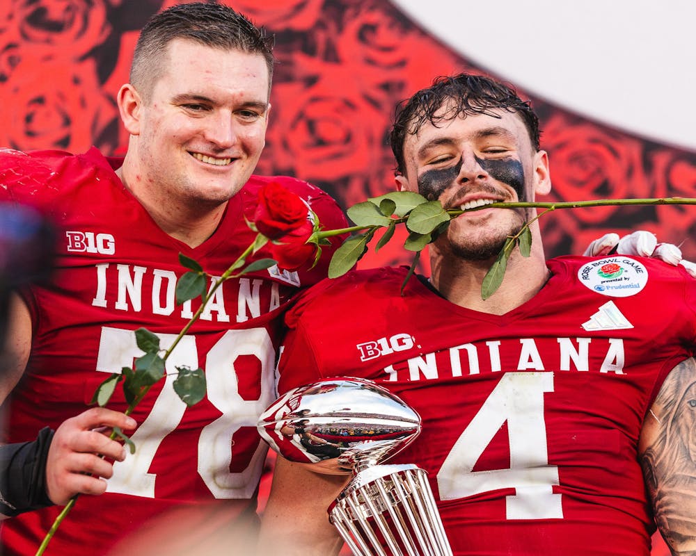 Pat Coogan (left) and Aiden Fisher celebrate after Indiana's win over Alabama in the Rose Bowl on Jan. 1, 2026. (HN photo/Kallan Graybill)