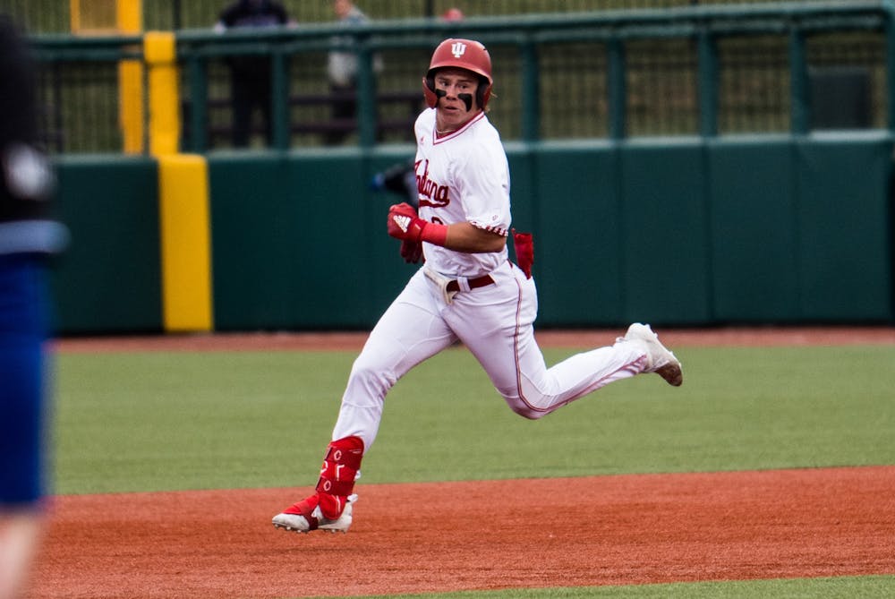 Sophomore outfielder Carter Mathison runs the bases during Indiana's win over Indiana State on March 21. (HN photo/Caleb Wood)