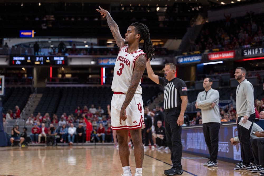 Lamar Wilkerson holds his follow-through during Indiana's exhibition win over Baylor in Indianapolis on Oct. 26, 2025. (HN photo/Sophie Doyne)