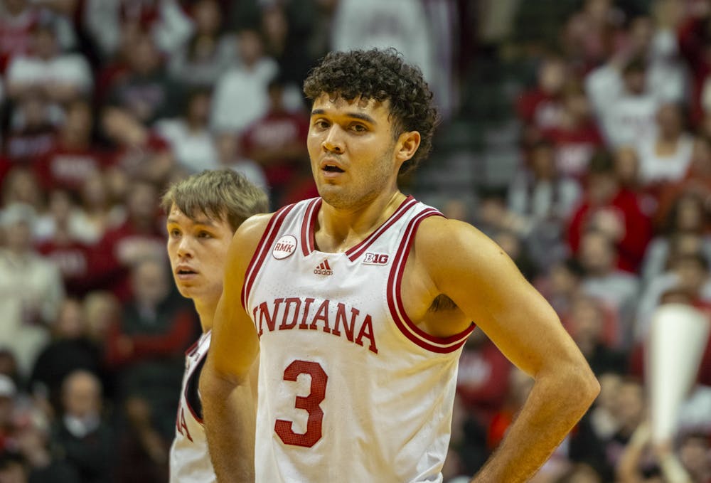 Anthony Leal takes a breath during Indiana's win over Iowa on Jan. 30, 2024. (HN photo/Ryan Lo)
