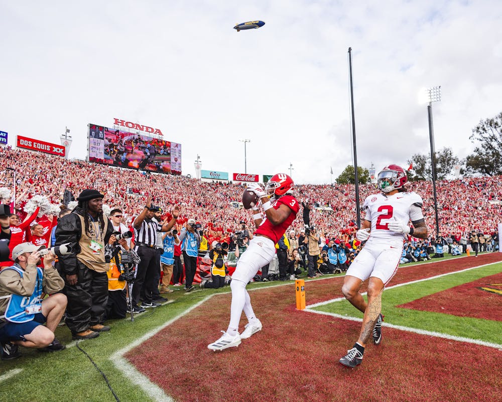 <p>Omar Cooper Jr. calebrates after a touchdown during Indiana’s win over Alabama in the Rose Bowl on Jan. 1, 2026. (HN photo/Kallan Graybill)</p>