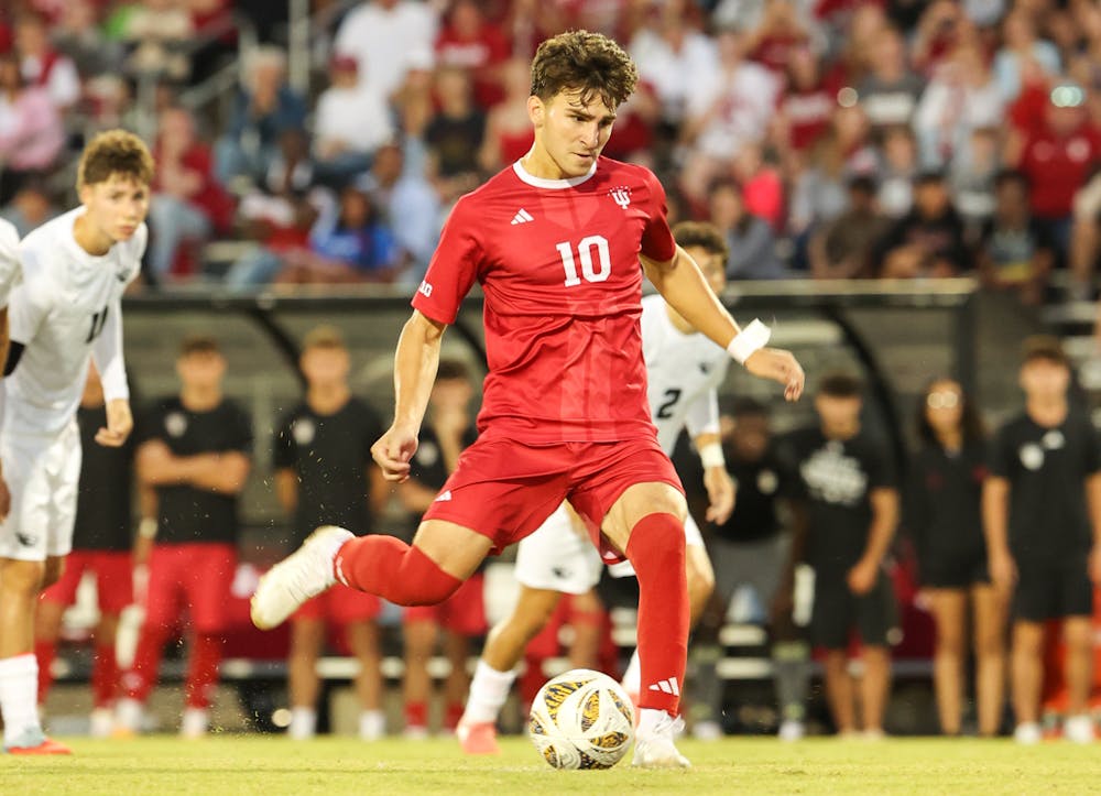Palmer Ault takes a shot during Indiana's win over No. 14 Oregon State on Aug. 30, 2025. Ault scored twice during the contest. (HN photo/Shelby Gosser)