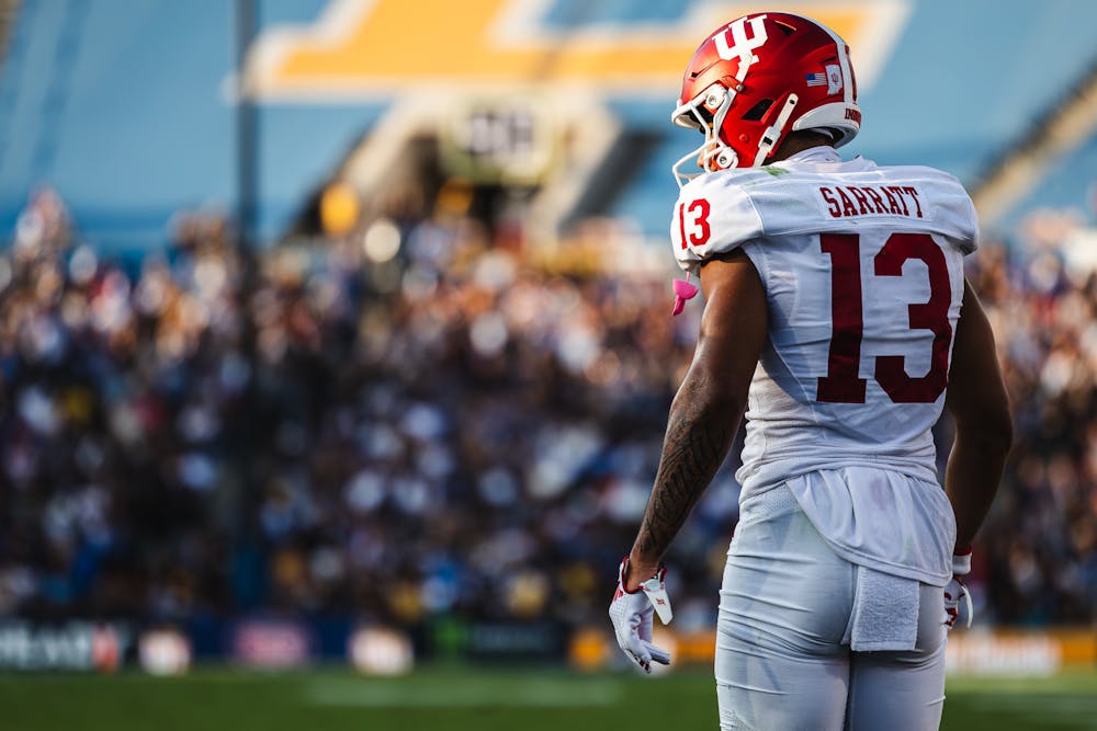 Elijah Sarratt lines up during Indiana's win over UCLA on Sept. 24, 2024. (HN photo/Kallan Graybill)