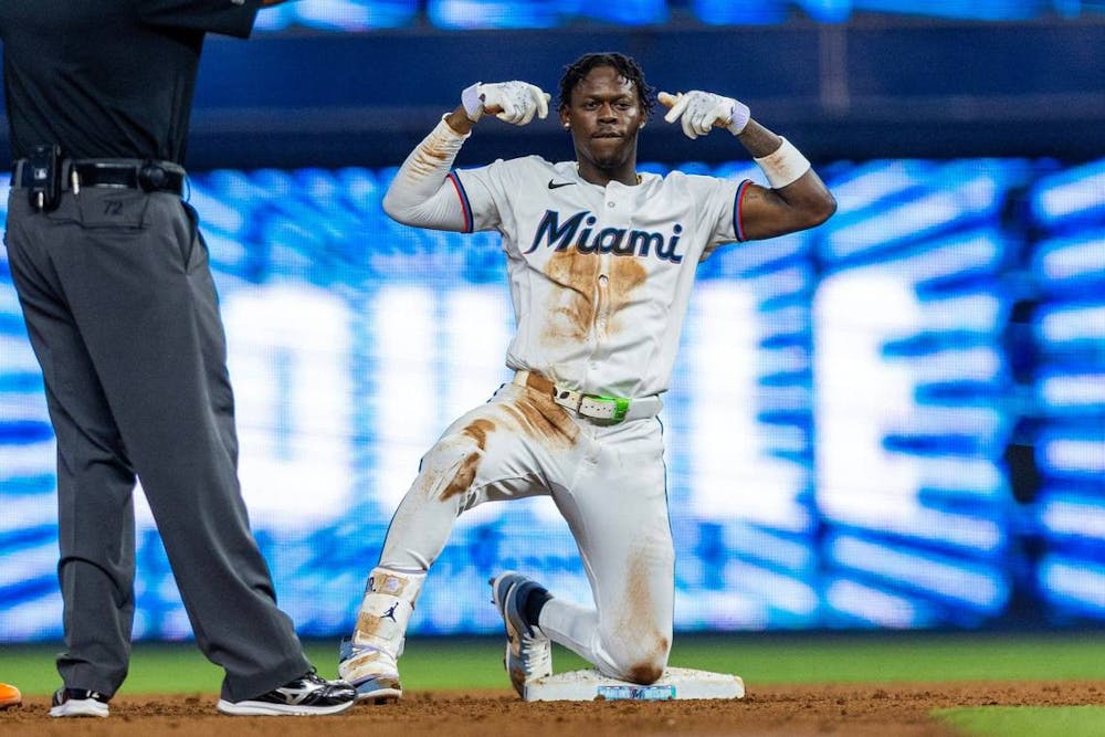 Miami Marlins batter Jazz Chisholm Jr. reacts to driving in to runs during the second inning of an MLB game against the Baltimore Orioles at loanDepot Park on Tuesday. (D.A. Varela/Tribune News Service)