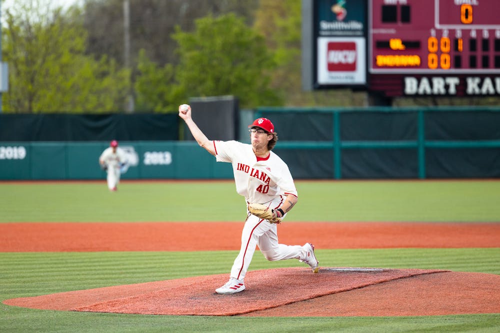 Freshman pitcher Ethan Phillips delivers a pitch during IU's win over Louisville on April 18. (HN photo/Kallan Graybill)