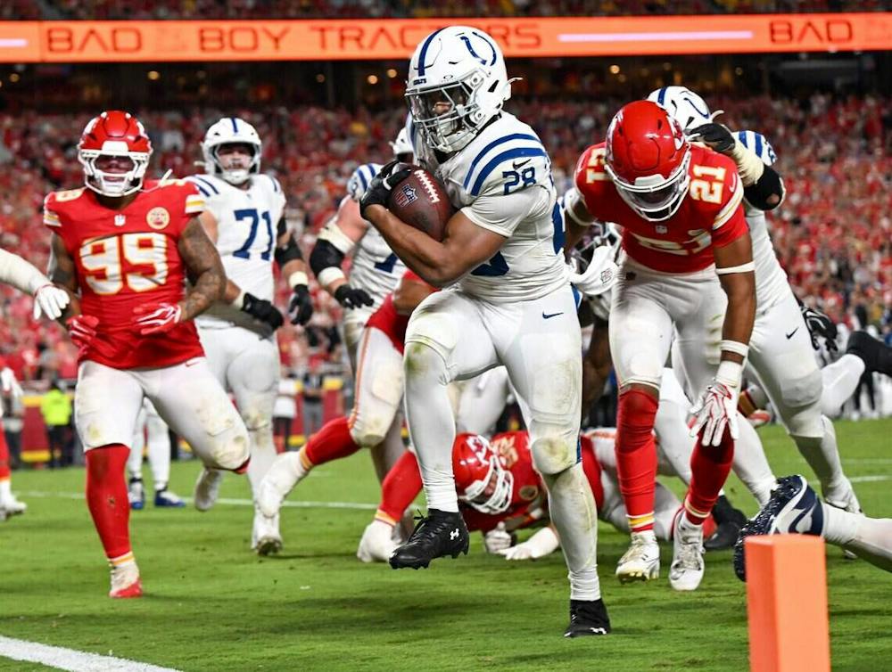 <p>Indianapolis Colts running back Jonathan Taylor (28) runs the ball for a touchdown in the second half of the Kansas City Chiefs vs. Indianapolis Colts NFL regular season game at Arrowhead Stadium in Kansas City on Sept. 20, 2026 (Tribune Content Agency).</p>