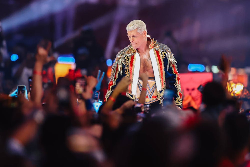 Cody Rhodes makes an entrance during WWE WrestleMania 41 at Allegiant Stadium Sunday, April 20, 2025, in Las Vegas. (Madeline Carter/Las Vegas Review-Journal/Tribune Content Agency)